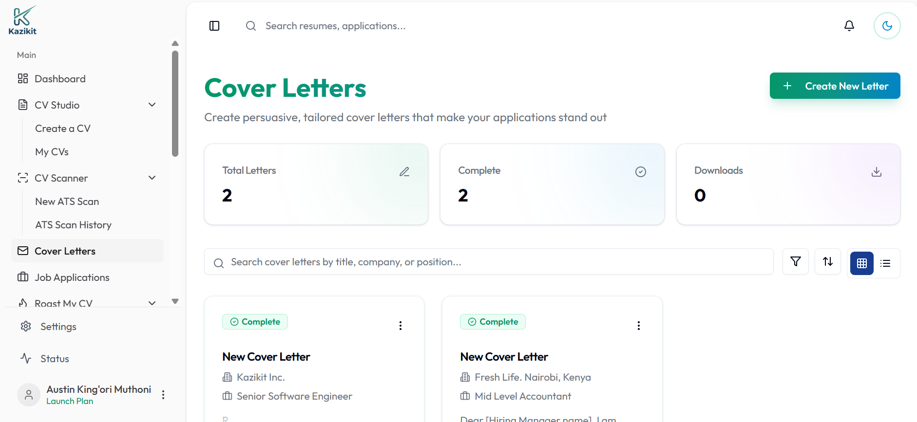 KaziKit cover letter editor with the AI writing assist drawer open beside a manuscript-width document